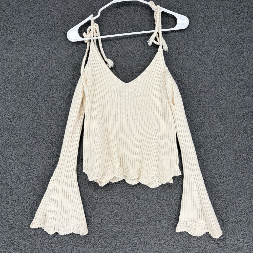 L.A. Hearts Cream Ribbed Cold Shoulder Bell Sleeve Scalloped Tie Strap Top S